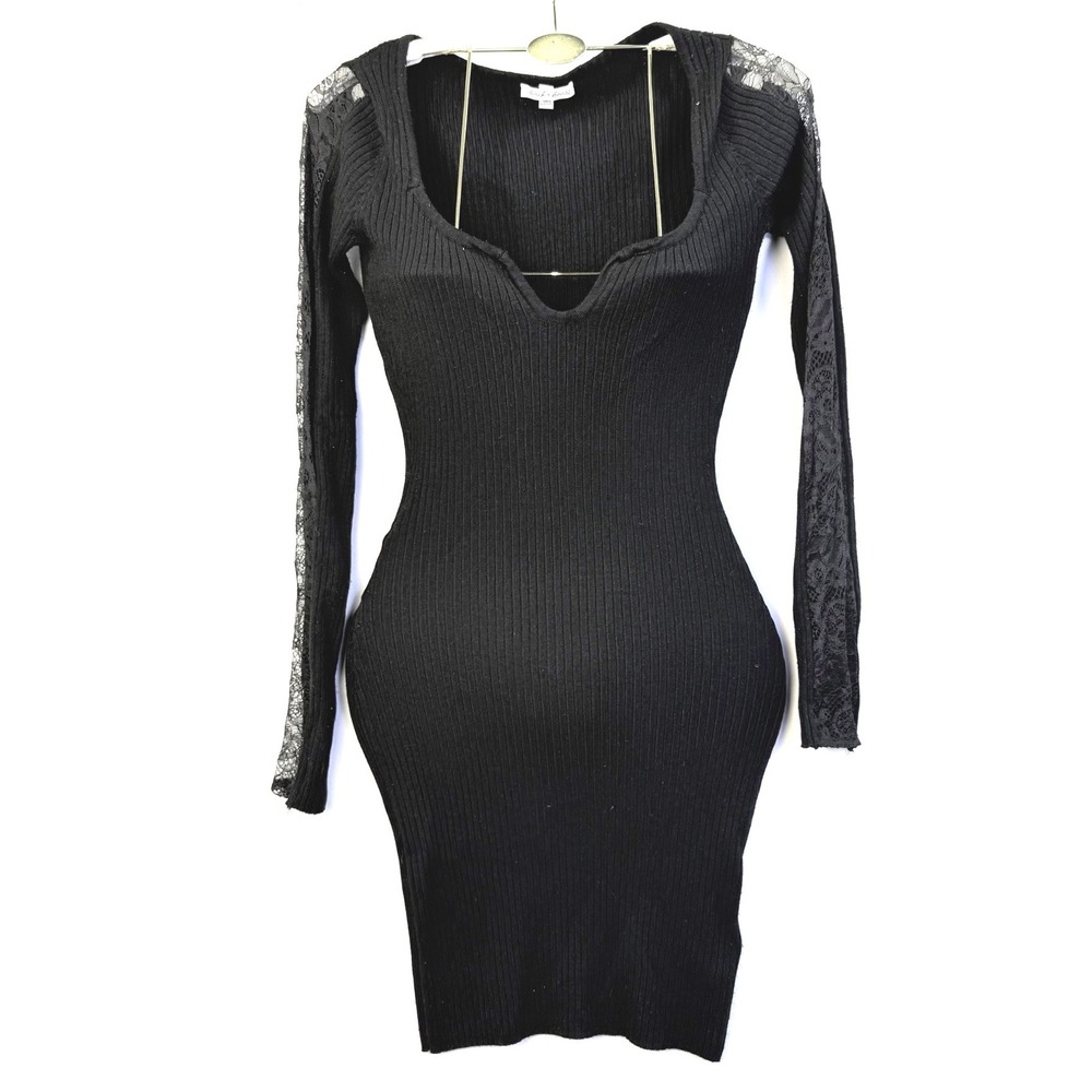 Derek Heart Black Ribbed Bodycon Mini Dress Lace Sleeve Notched Neck Small